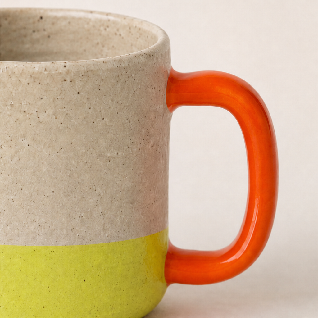 Close-up of the mug's speckled ceramic body, citron glaze and orange handle