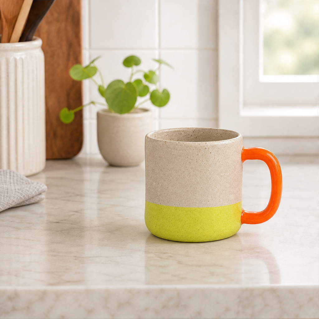 The same ceramic mug styled on a bright kitchen counter