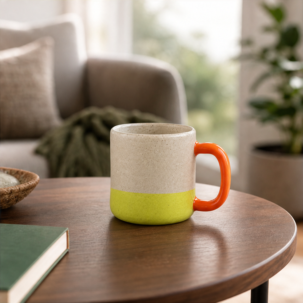 The same ceramic mug styled on a warm living-room table