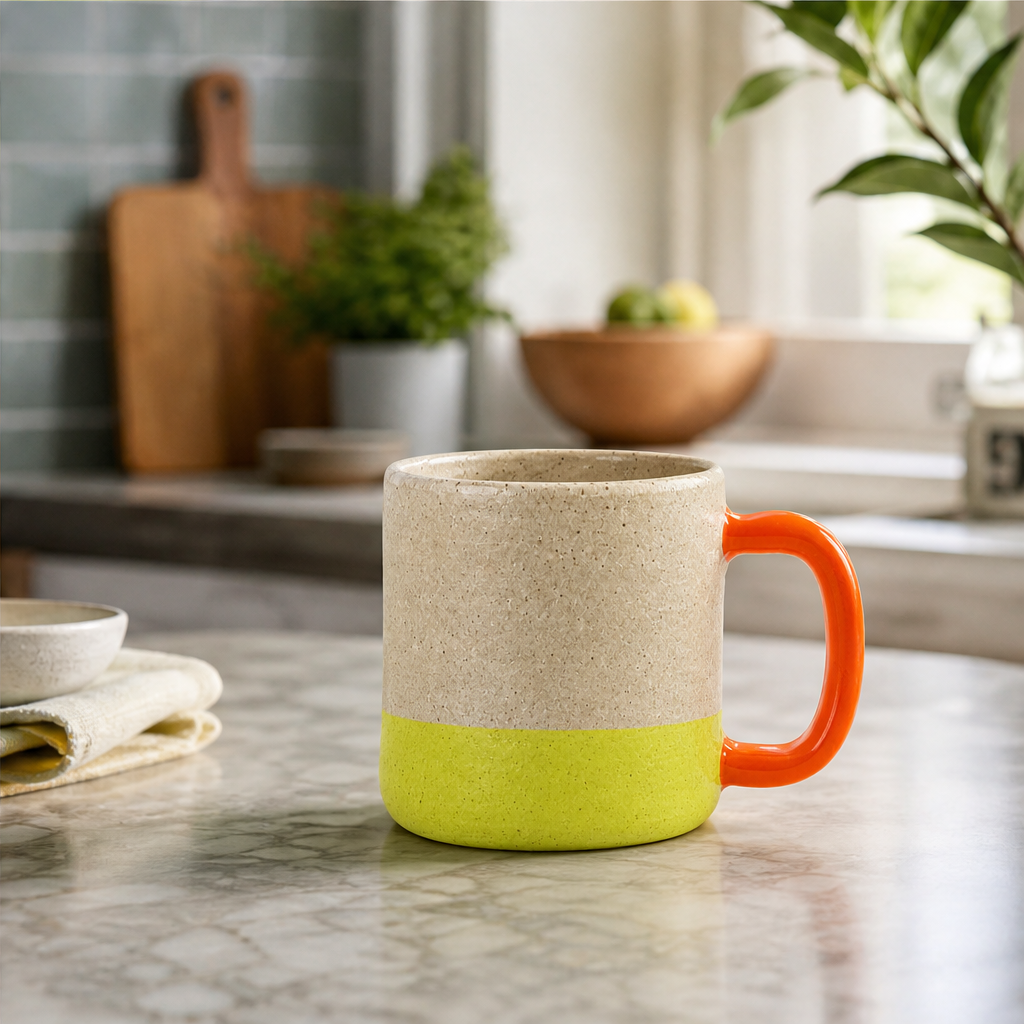 The same ceramic mug photographed in soft daylight on a kitchen counter