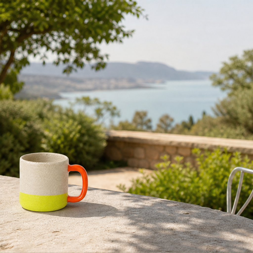 The same ceramic mug on a sunlit terrace overlooking the coast